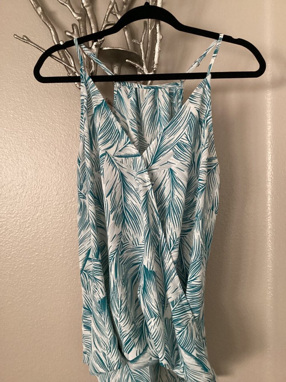 Turquoise green and white tropical top, blouse, size large